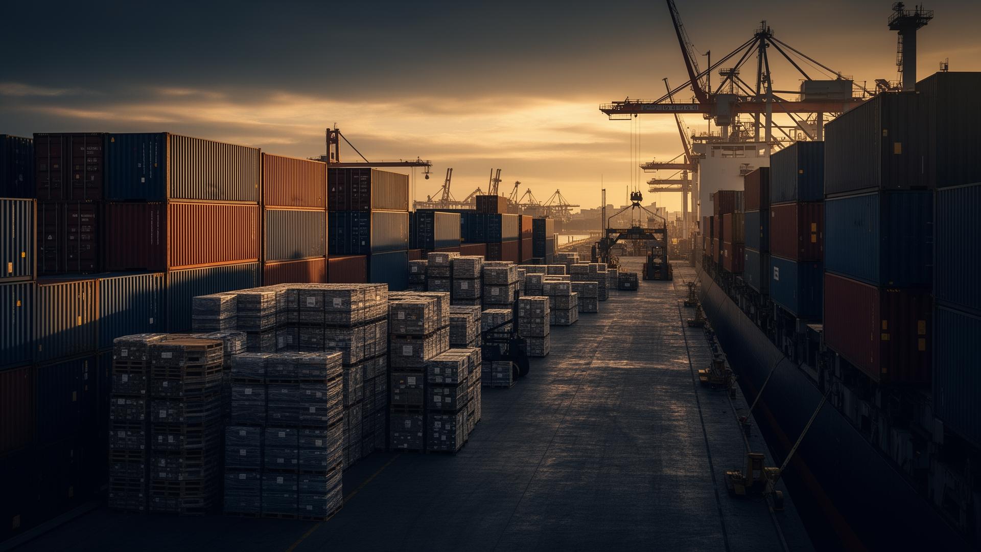 Containers and freight at a UK port at golden hour