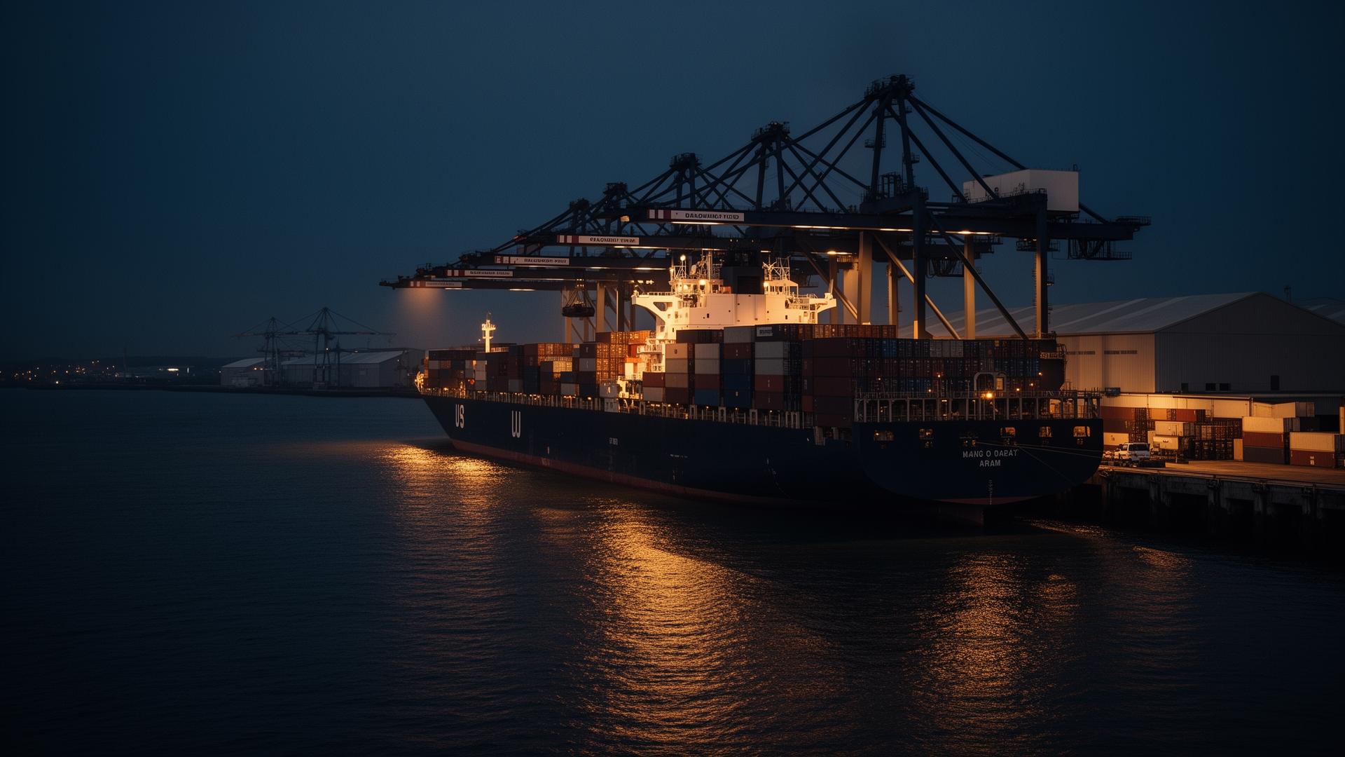 Cargo container ship being loaded by cranes at a UK port