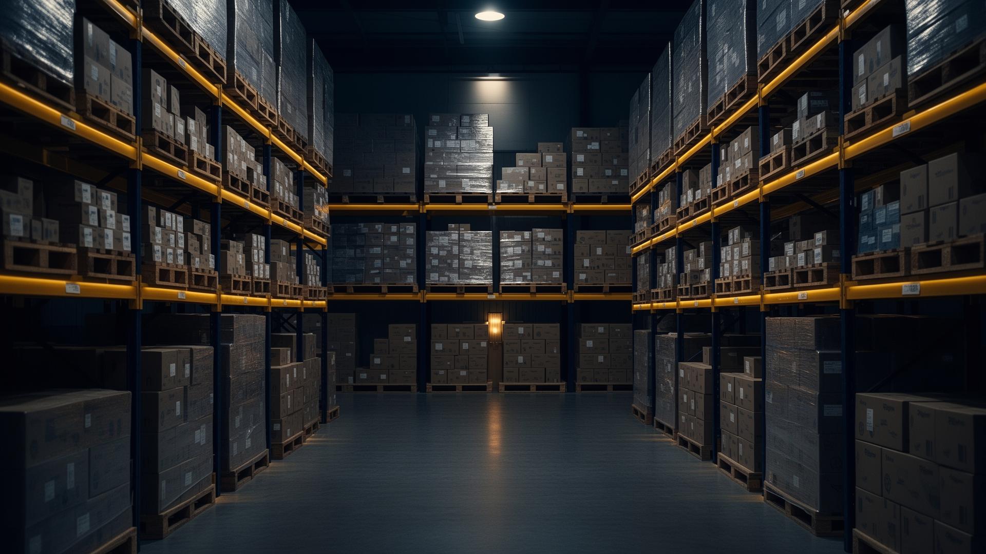 Organized wholesale warehouse with tiered product pallets